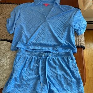 Lilly Pulitzer Light Blue Terry Cloth Crop Top and Shorts Lounge Set
